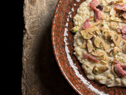 Risotto ai tre funghi, con perle di ciauscolo